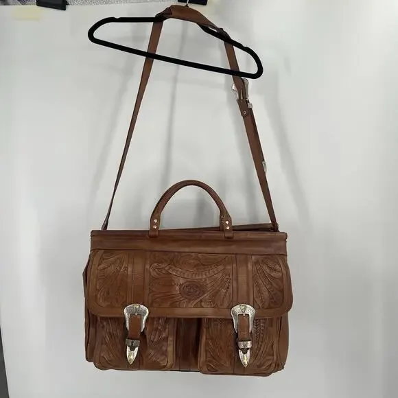 Vintage Sergios Tooled Leather Messenger Bag Shoulder Duffel Western Cowboy